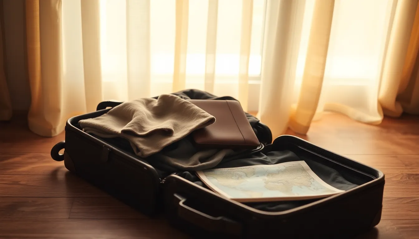 깔끔하게 정리된 여행 가방과 짐싸기 용품들